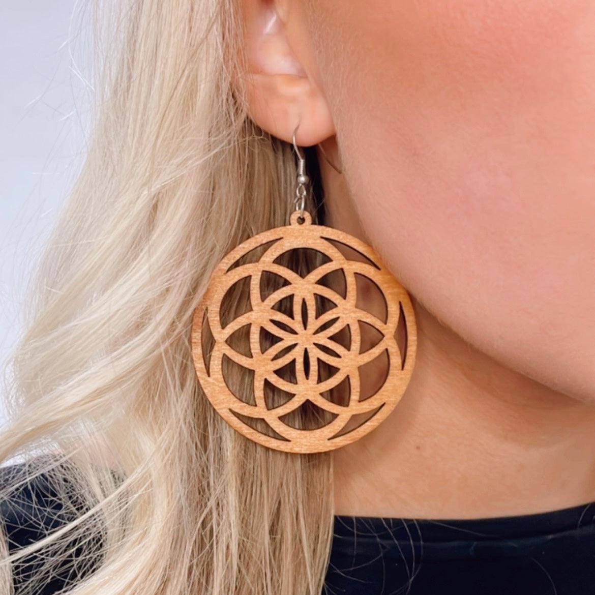 Wooden earrings, Classic Mandala brown lace earrings