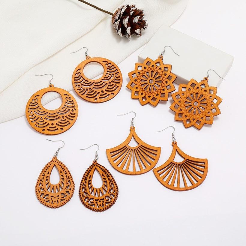 Wooden earrings, Classic Mandala brown lace earrings