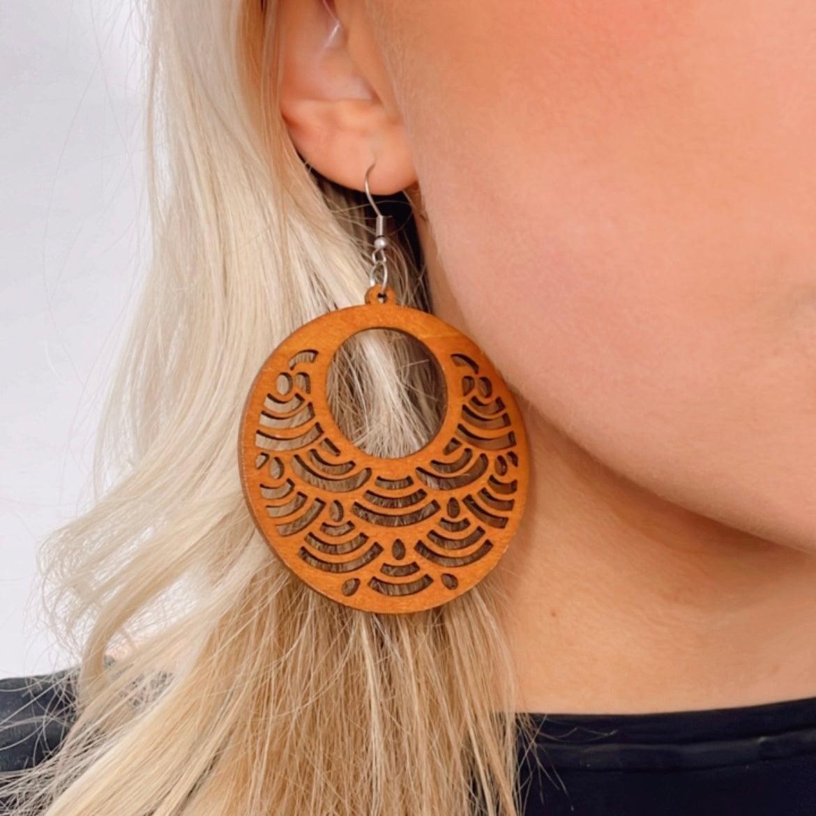 Wooden earrings, Waves Mandala brown lace earrings