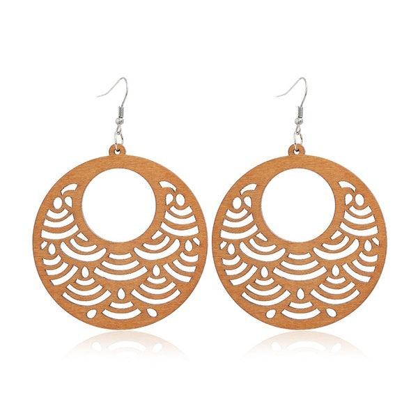 Wooden earrings, Waves Mandala brown lace earrings