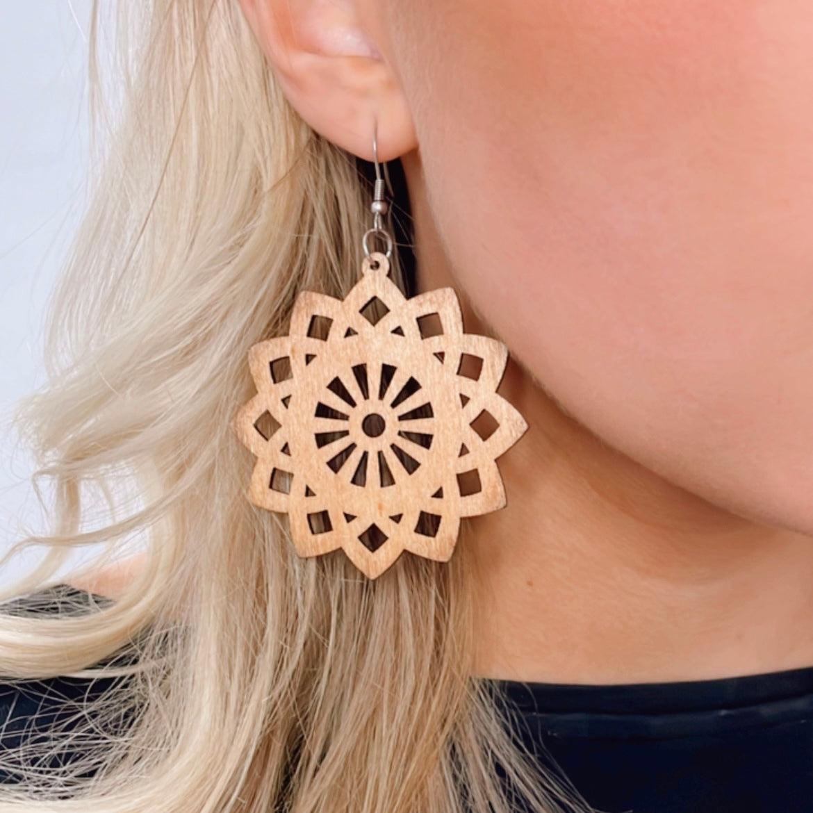 Wooden earrings, Pretty Mandala brown lace earrings