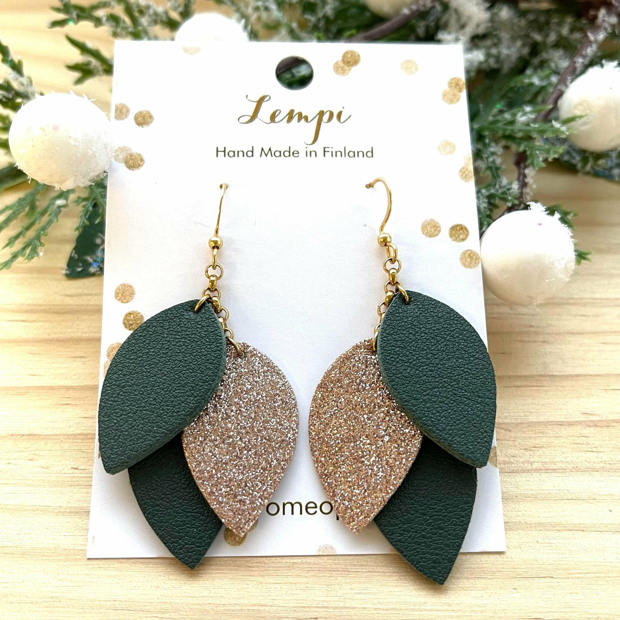 LEMPI earrings, Little Grain (dark green, rose gold glitter)