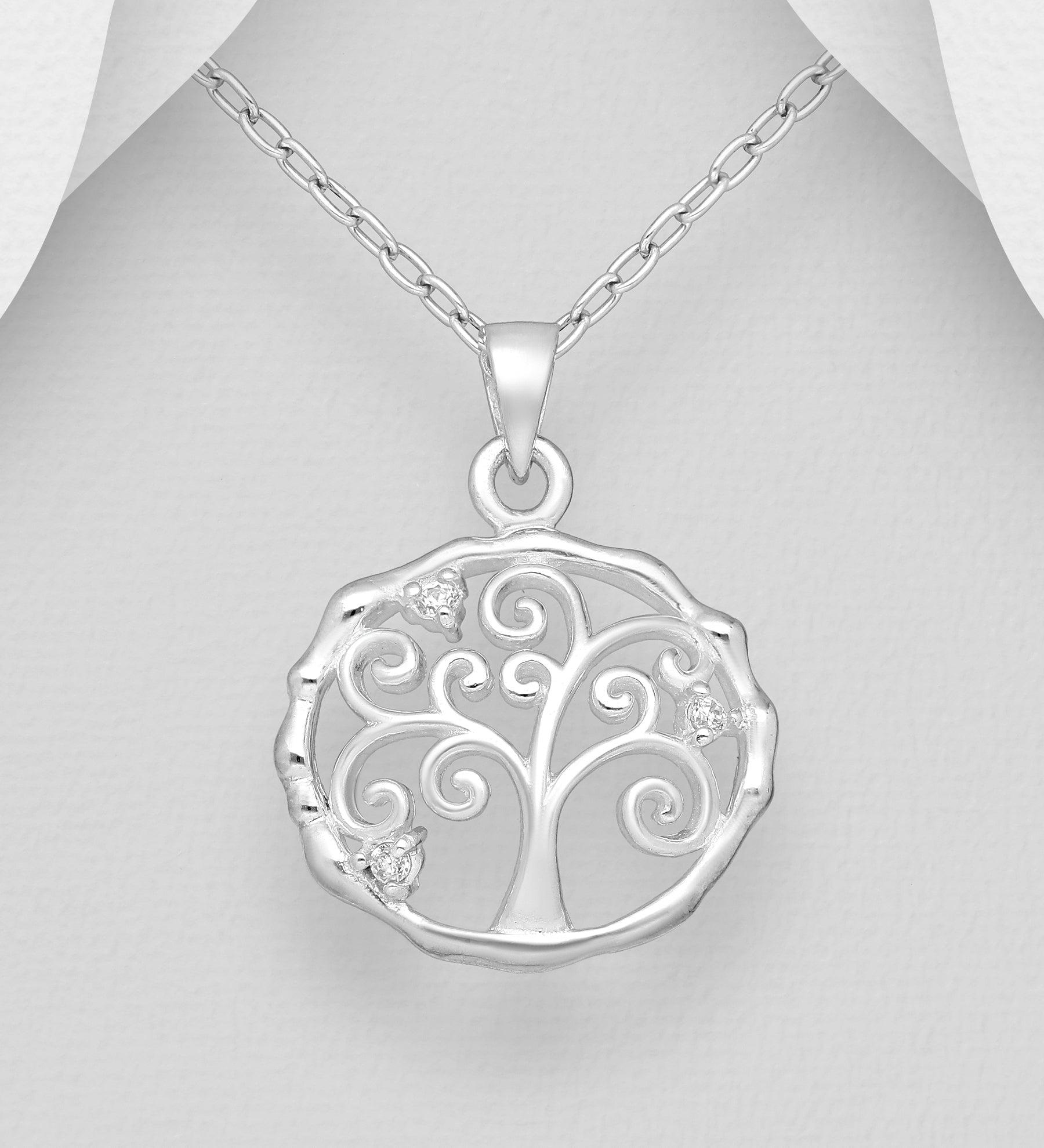 PREMIUM COLLECTION|Tree of Life silver pendant with tree pattern and crystals