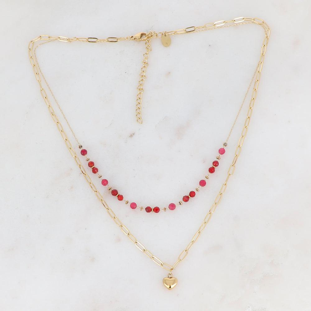 Necklace, BOHM PARIS|Collier 2 Rangs heart necklace with carnelian beads