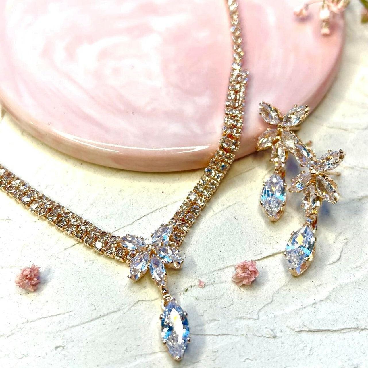 Rhinestone necklace, ROMANCE|Nora rose gold colored party necklace