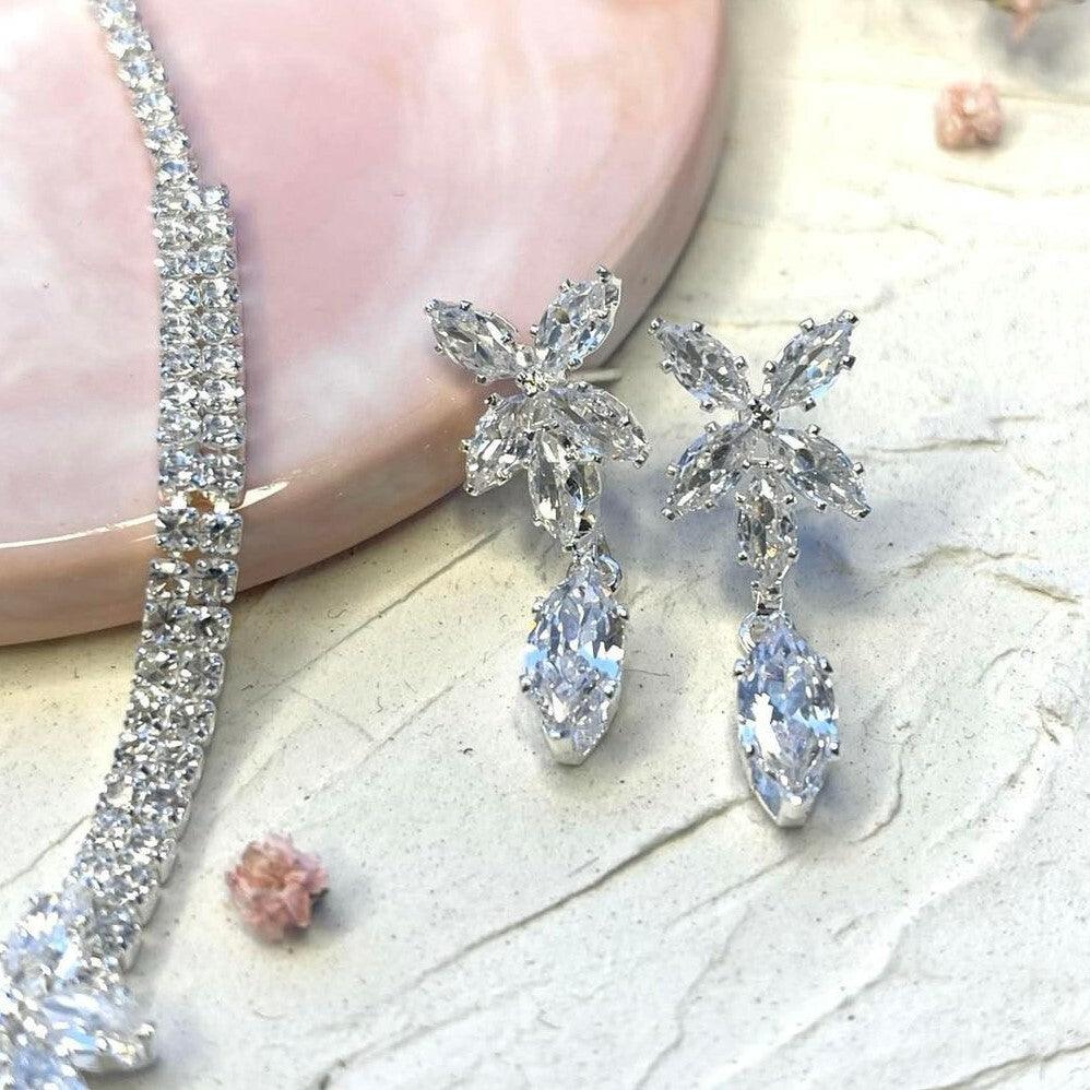 Rhinestone earrings, ROMANCE|Nora silver-colored party earrings