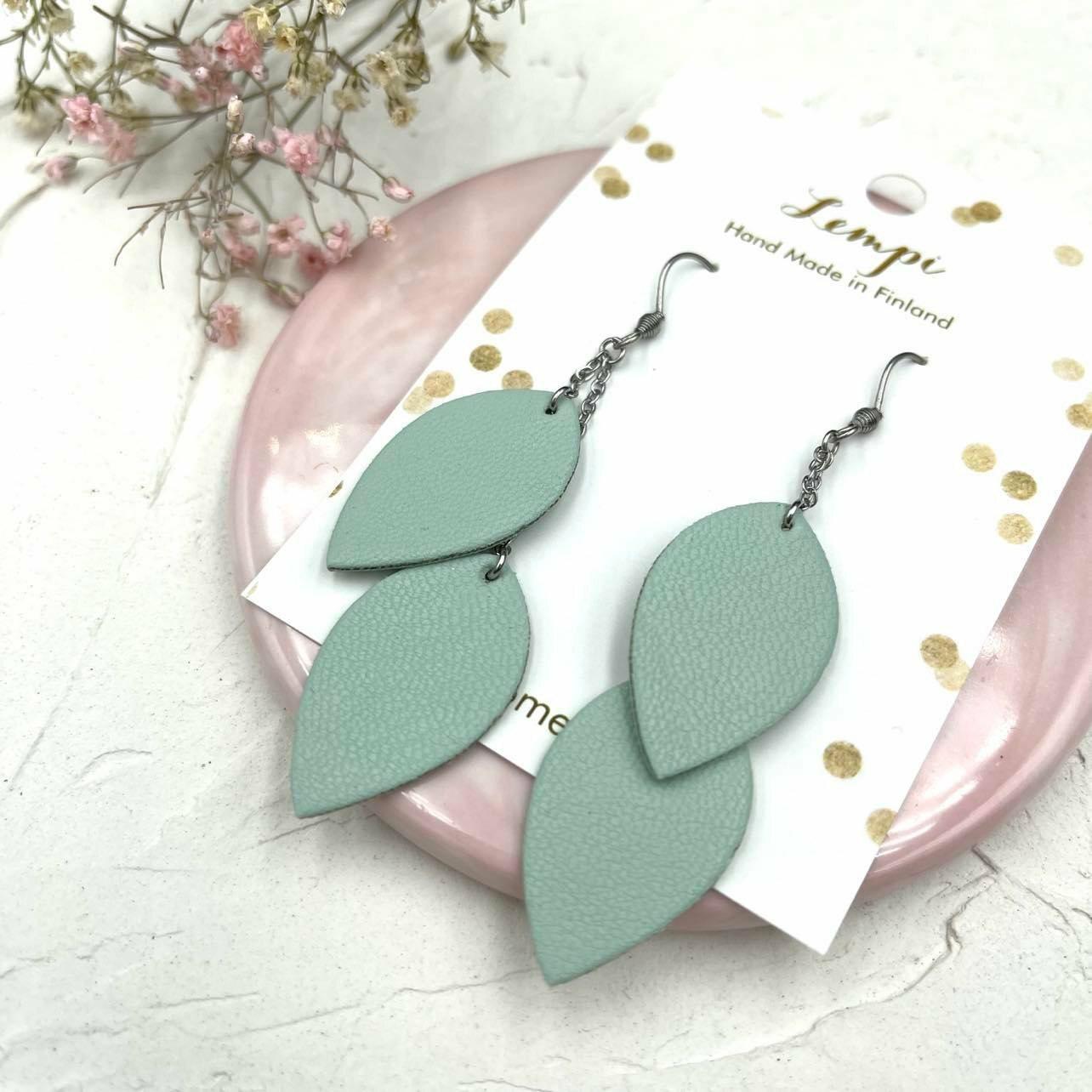 LEMPI earrings, Delicate Leaves (light green/steel)