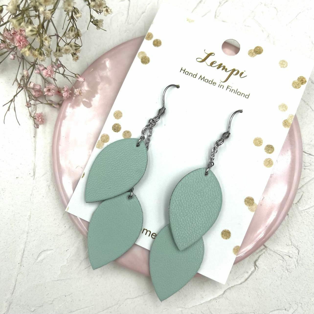 LEMPI earrings, Delicate Leaves (light green/steel)