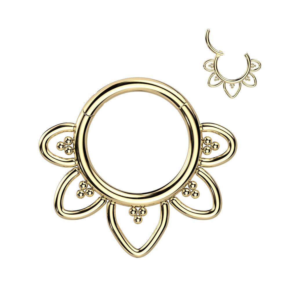 Titanium piercing ring, Filigree decorative clicker (gold)