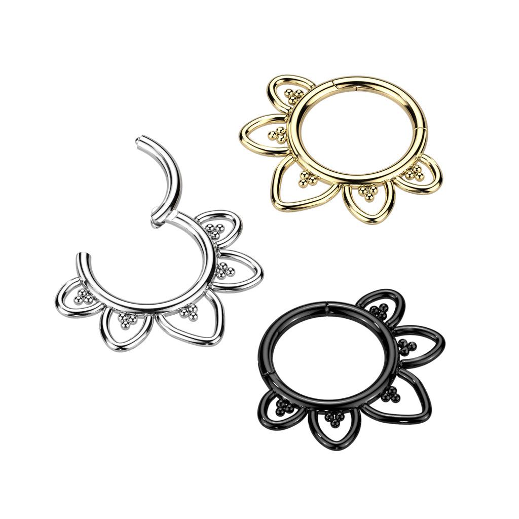 Titanium piercing ring, Filigree decorative clicker (silver)