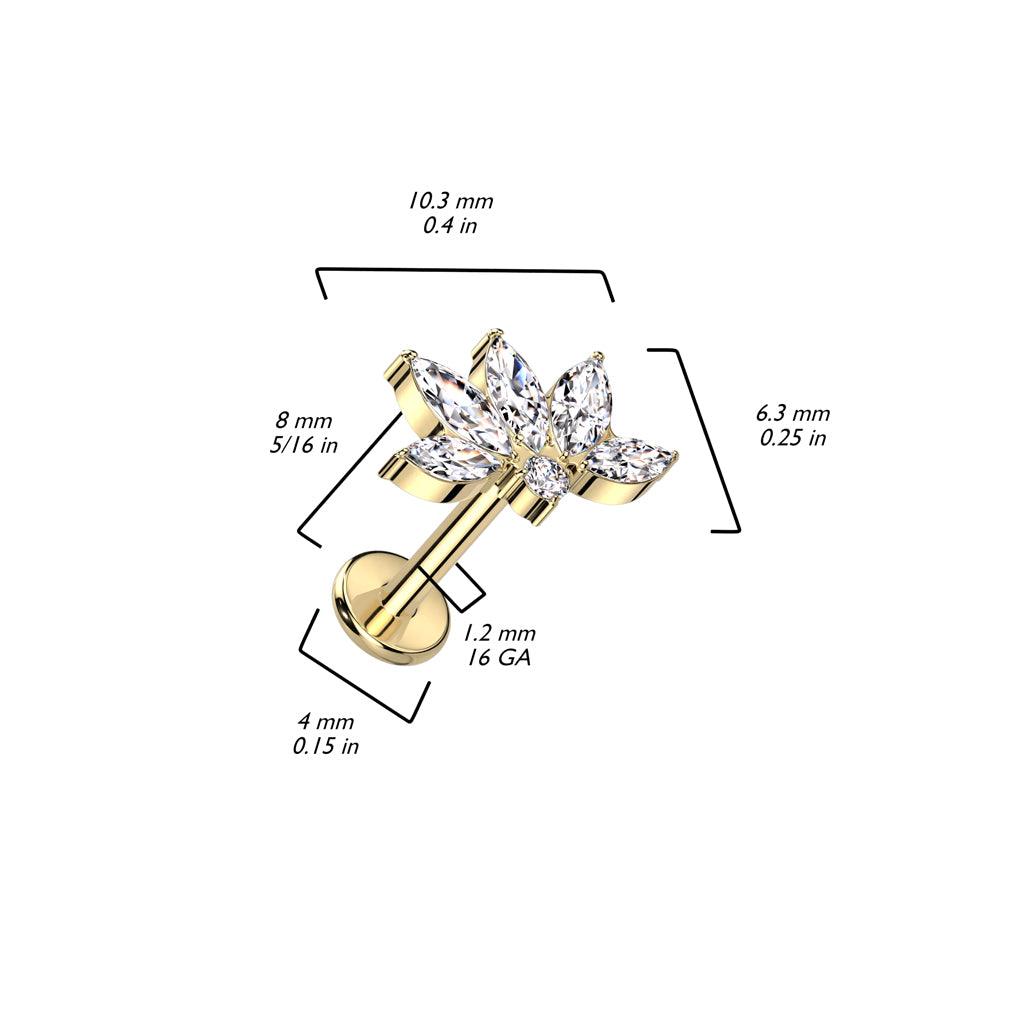 Titanium cartilage/tragus jewelry, Marquise Lily -glittery labret (gold)