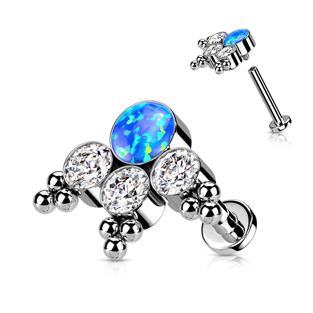 Titanium cartilage jewelry/tragus jewelry, Opal Cluster labret (peacock blue)