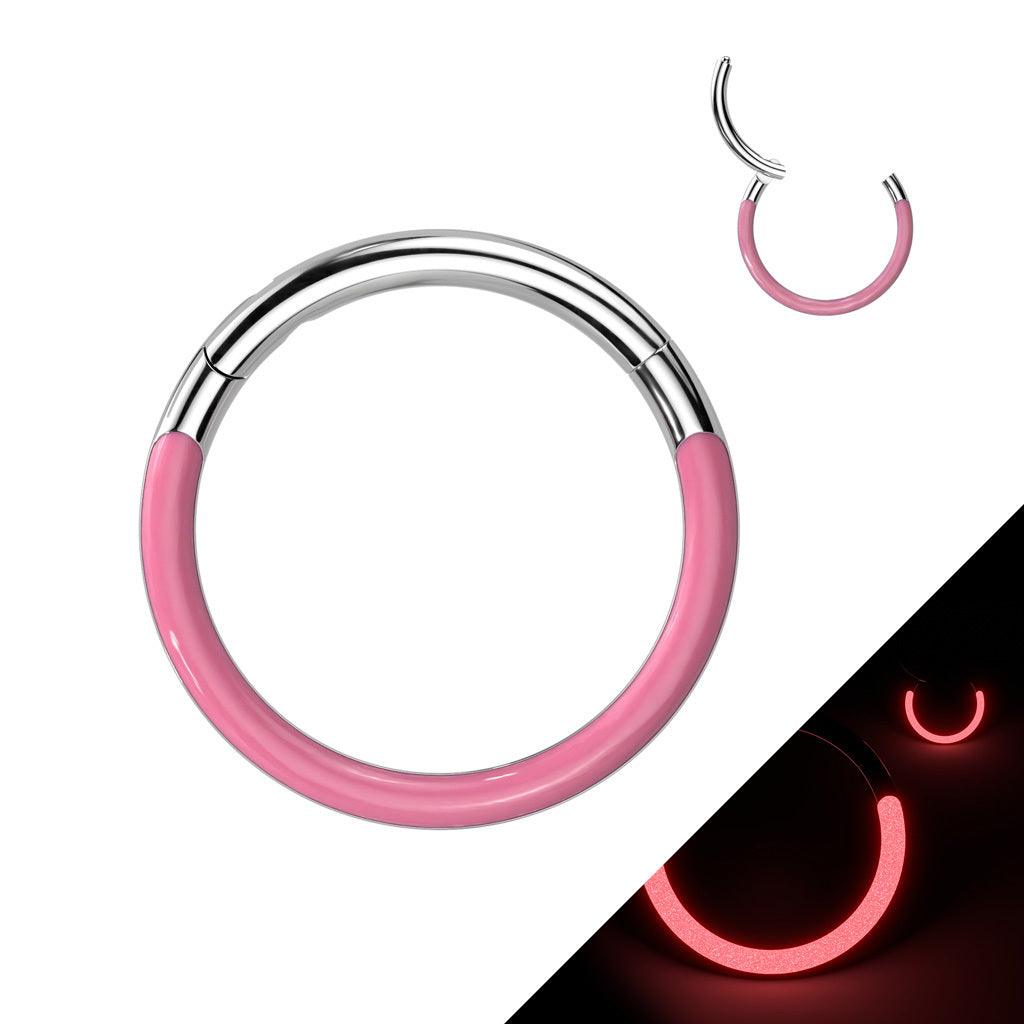 Titanium piercing ring 1.2mm, Front Glow -glow in the dark (pink)