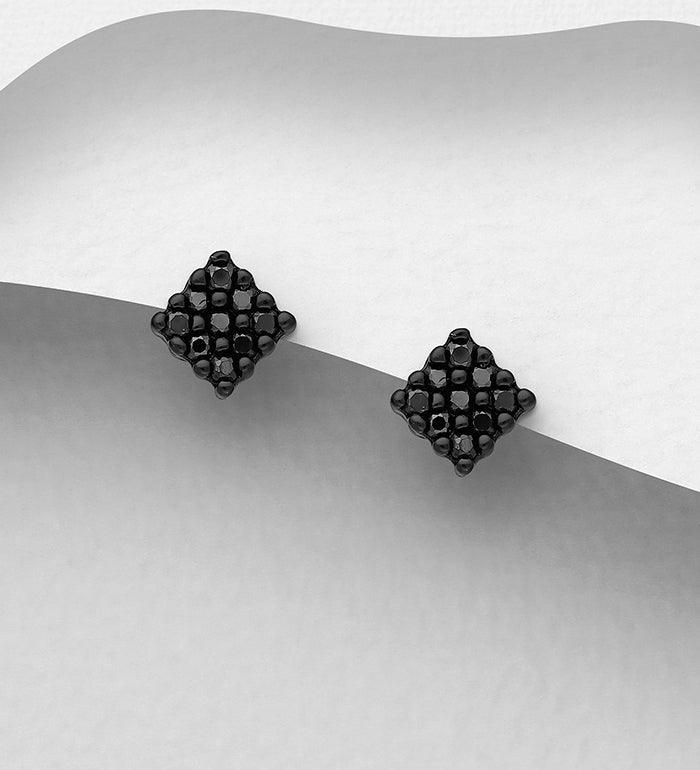 PREMIUM COLLECTION|Rhombus silver black stud earrings