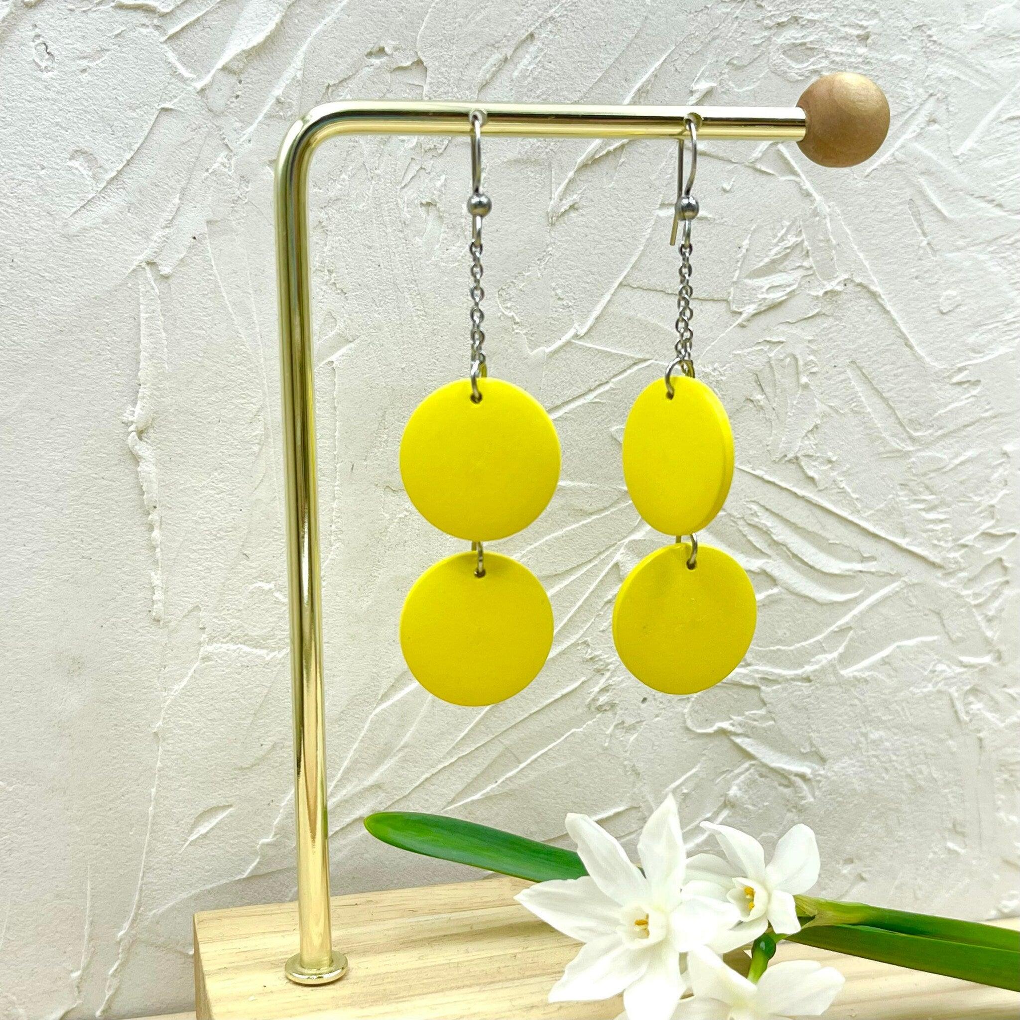 Wooden earrings, Ilona - two-piece wooden bead earrings (yellow)