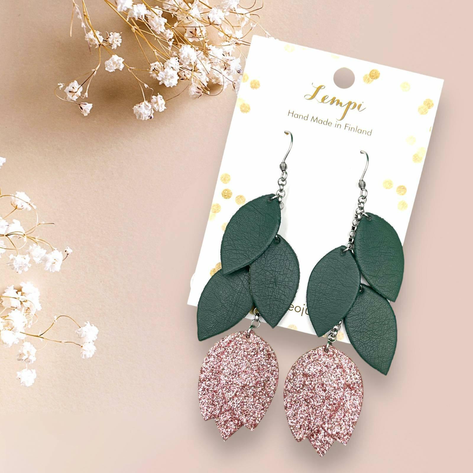 LEMPI earrings, Tulip with leaves (soft pink, glitter)