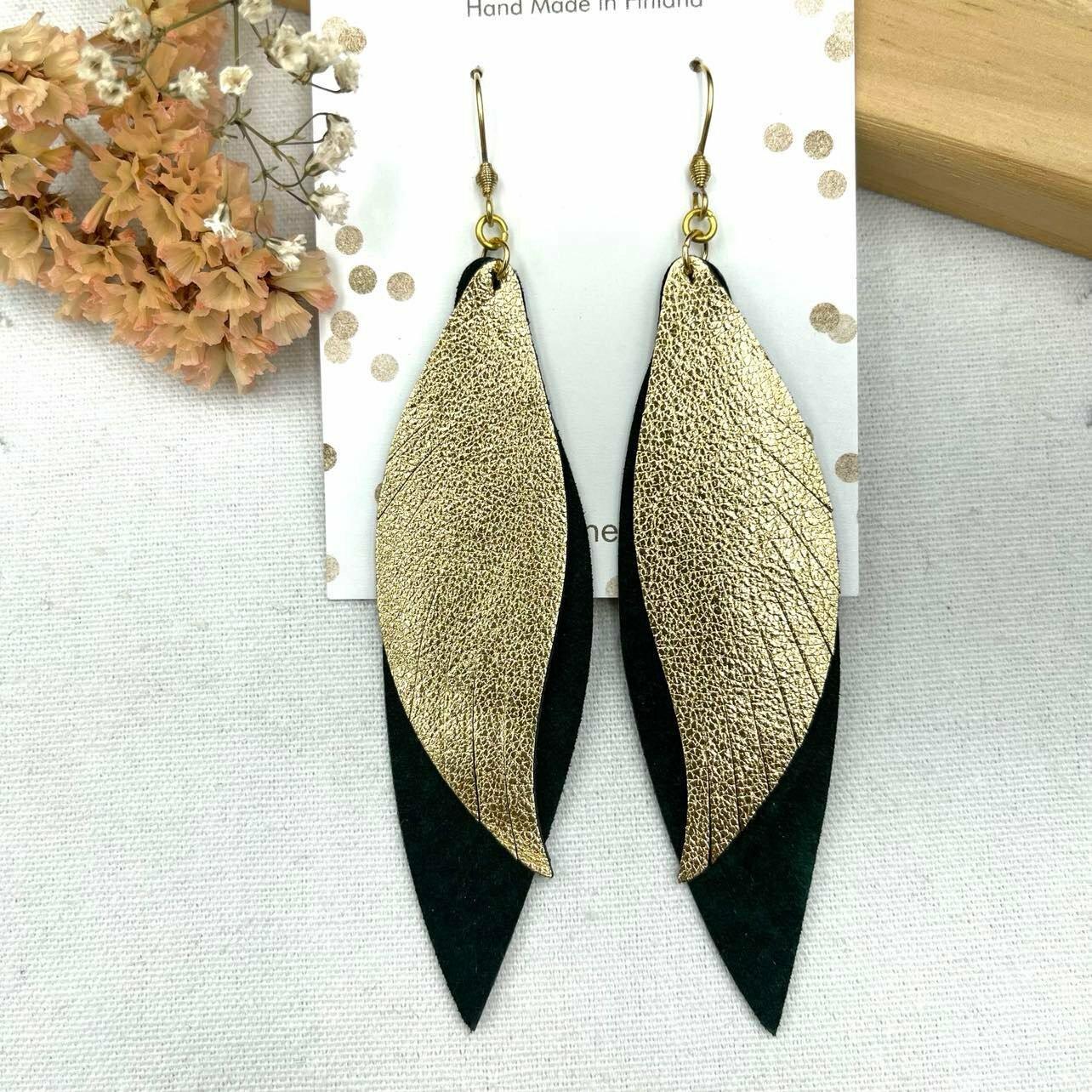 LEMPI earrings, Wings (gold - dark green, leather)