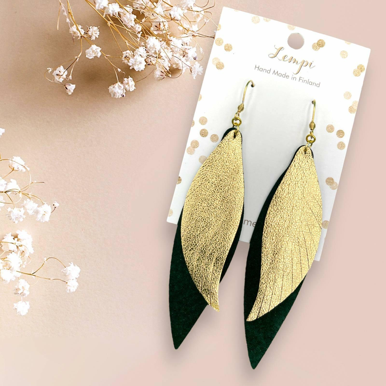 LEMPI earrings, Wings (gold - dark green, leather)