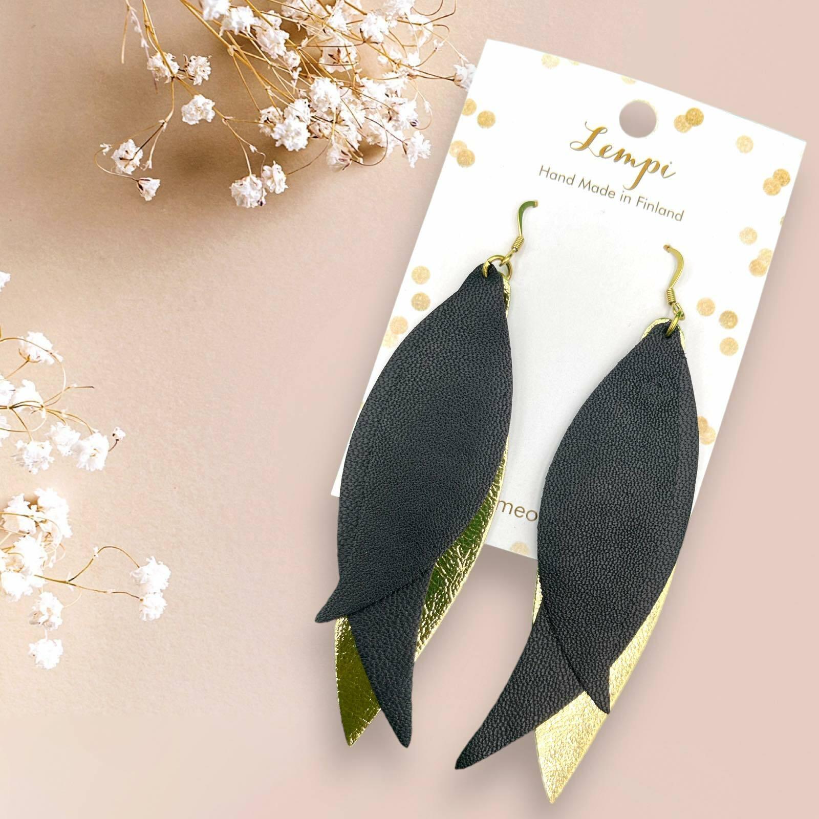 LEMPI earrings, Wings (gold - black, leather)