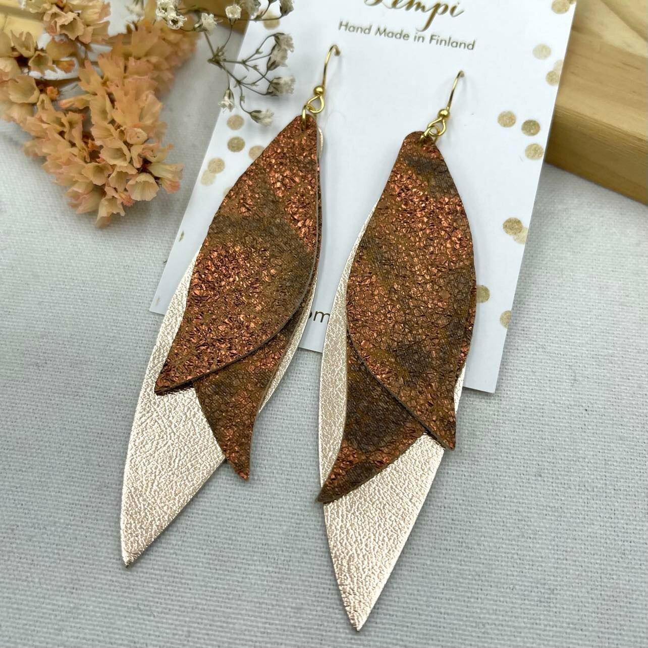 LEMPI earrings, Wings (rose gold - antique rose gold, leather)