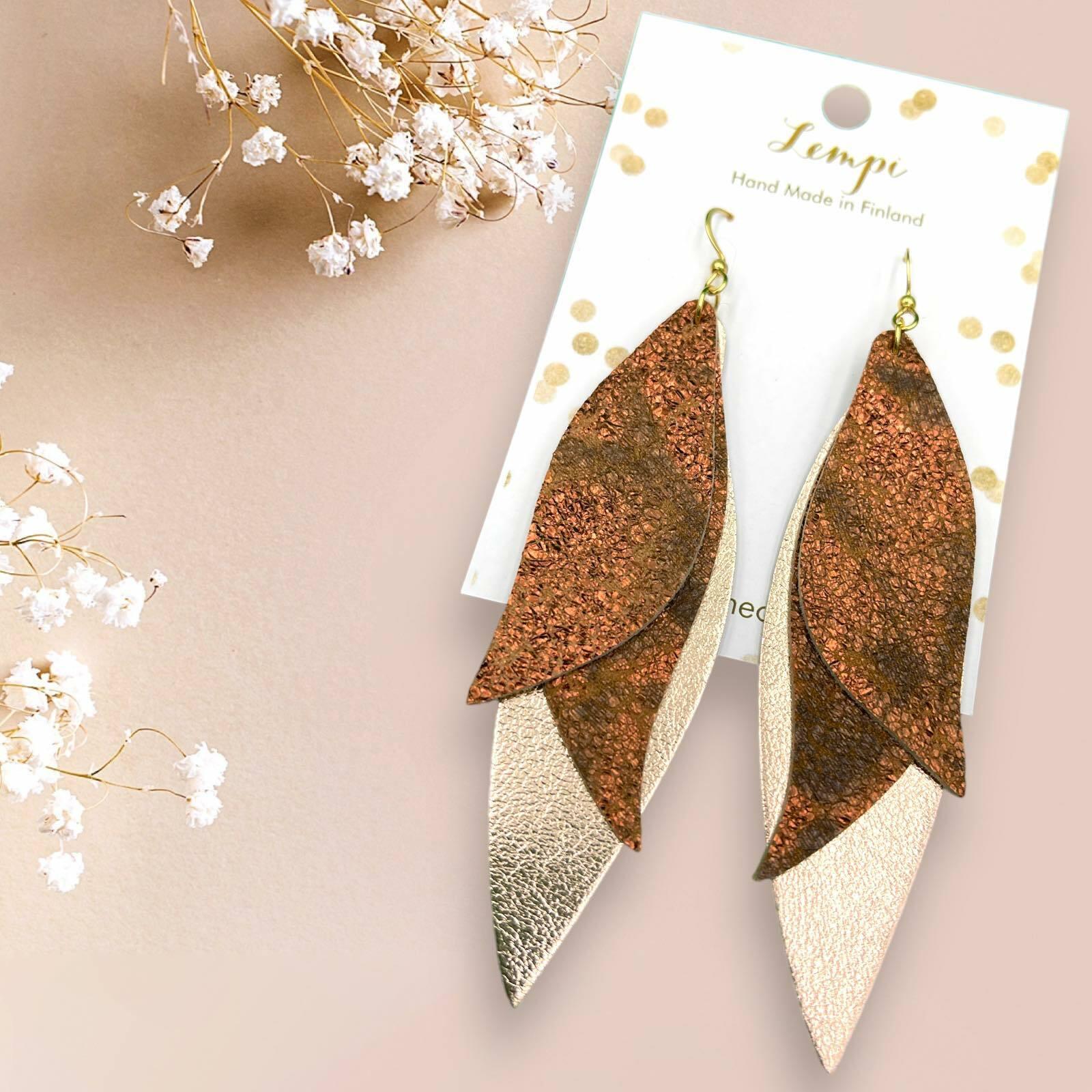 LEMPI earrings, Wings (rose gold - antique rose gold, leather)