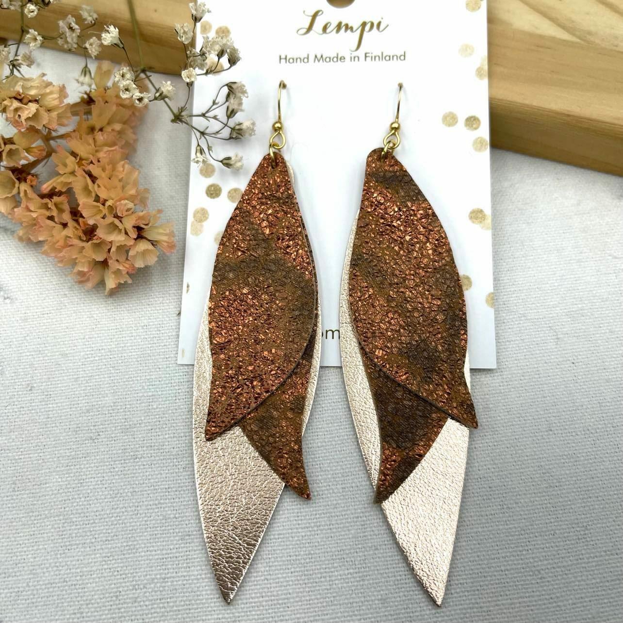 LEMPI earrings, Wings (rose gold - antique rose gold, leather)