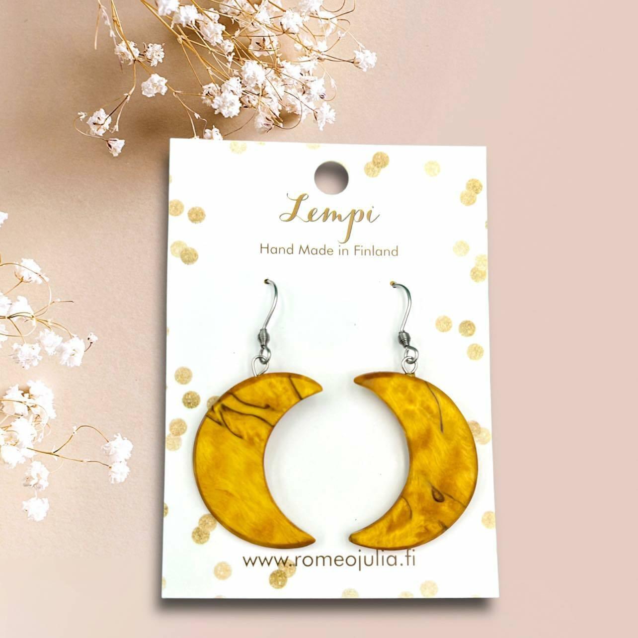 LEMPI earrings, Crescent Moon (bark birch, yellow)