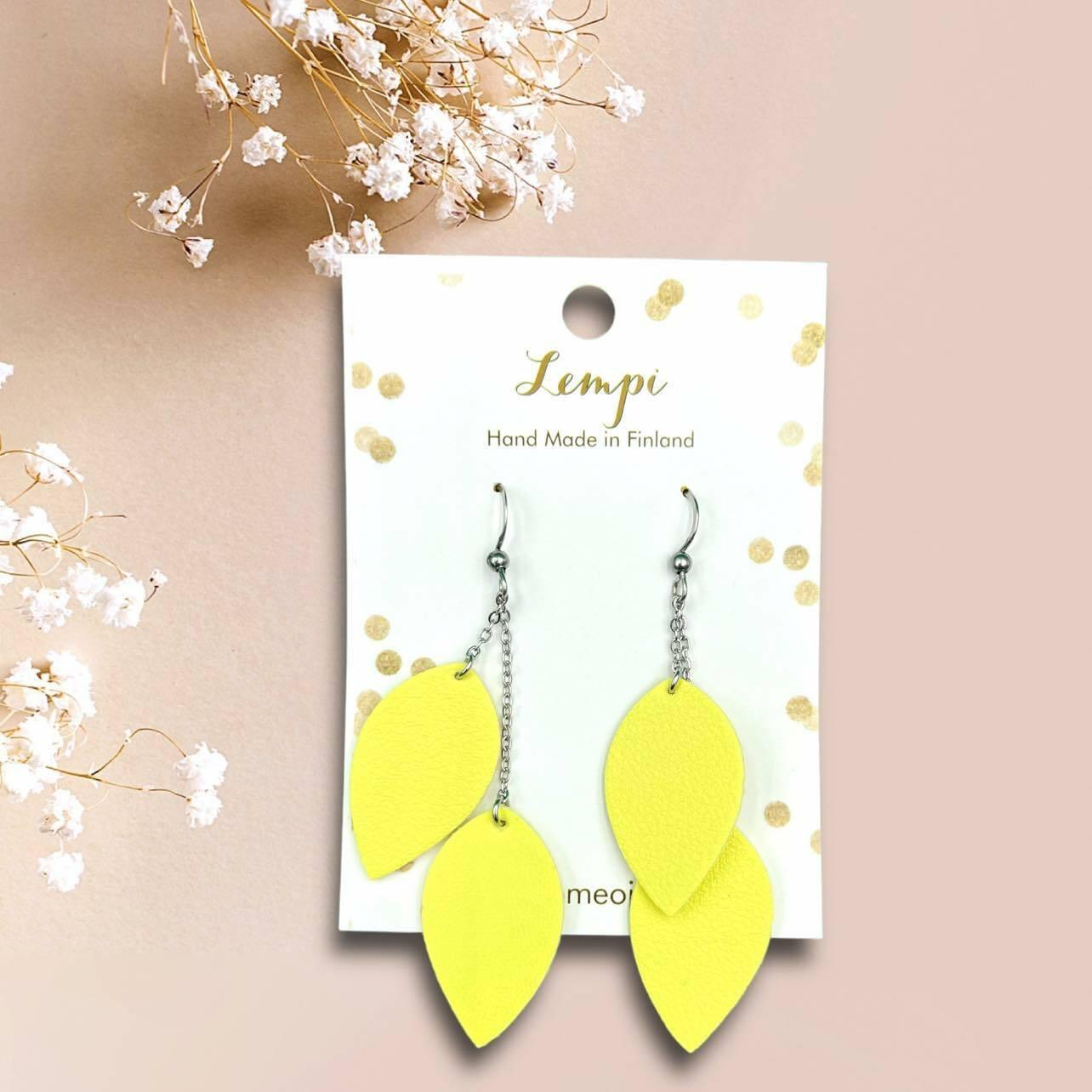 LEMPI earrings, Delicate Leaves (lemon yellow / steel)