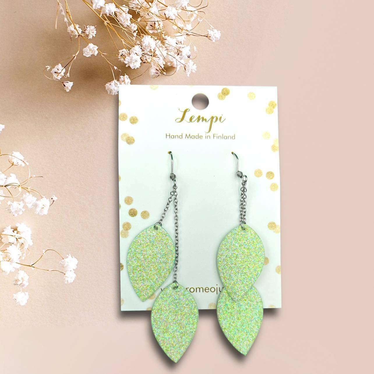 LEMPI earrings, Graceful Leaves (light green glitter / steel)