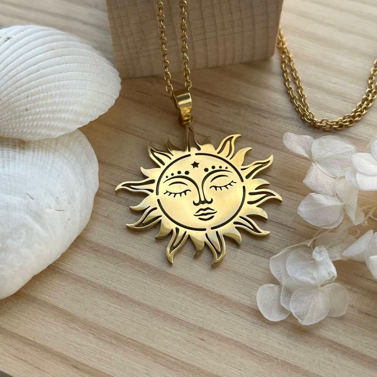 Surgical steel necklace, Boho Sun - bohemian sun necklace (gold)