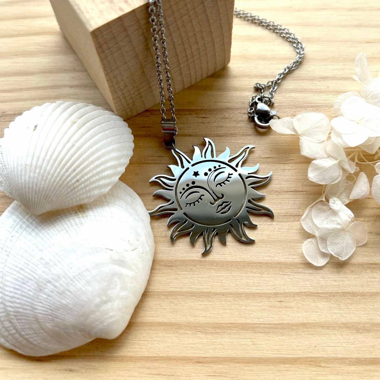 Surgical steel necklace, Boho Sun - bohemian sun necklace (silver)