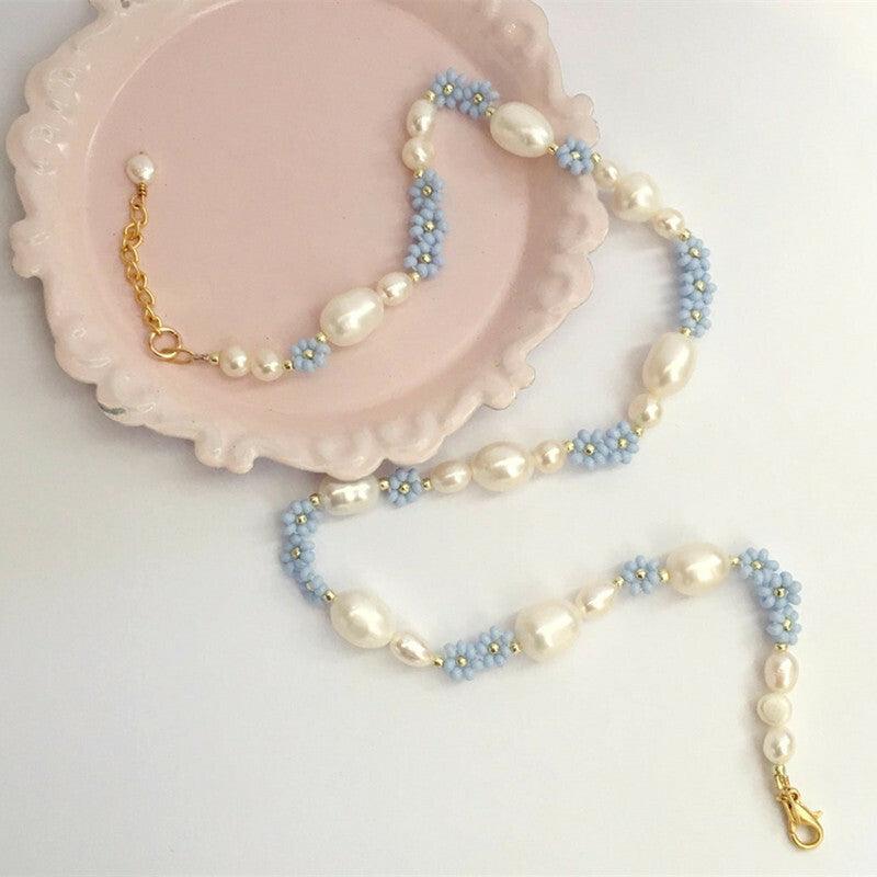 FRENCH RIVIERA, Summer -light blue flower necklace with pearls