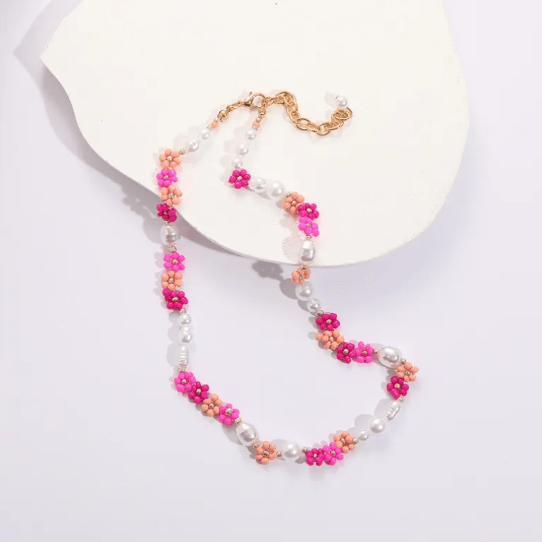 FRENCH RIVIERA, Summer -pink flower necklace with pearls