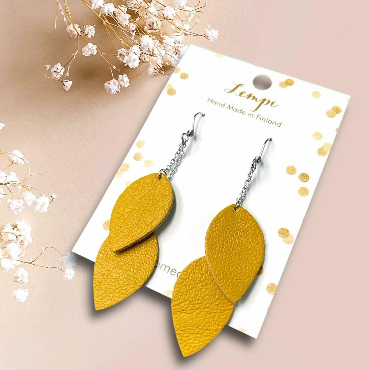 LEMPI earrings, Delicate Leaves (mustard yellow / steel)