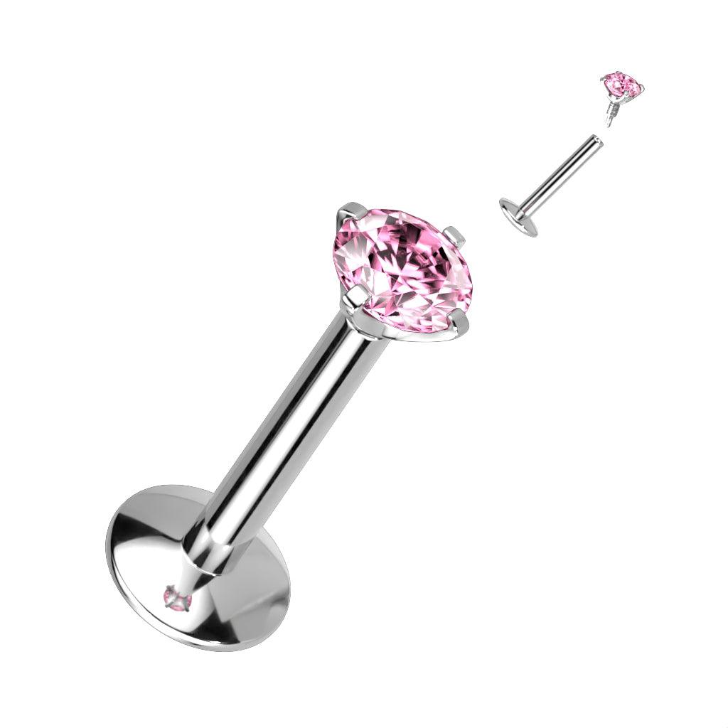 Labret, Titanium Round Medium 3mm CZ in Pink (extra long internal thread)