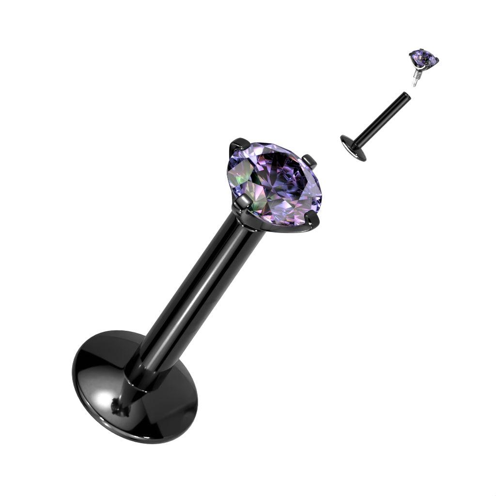 Labret, Titanium Round Medium 3mm CZ in Black (extra long internal thread)