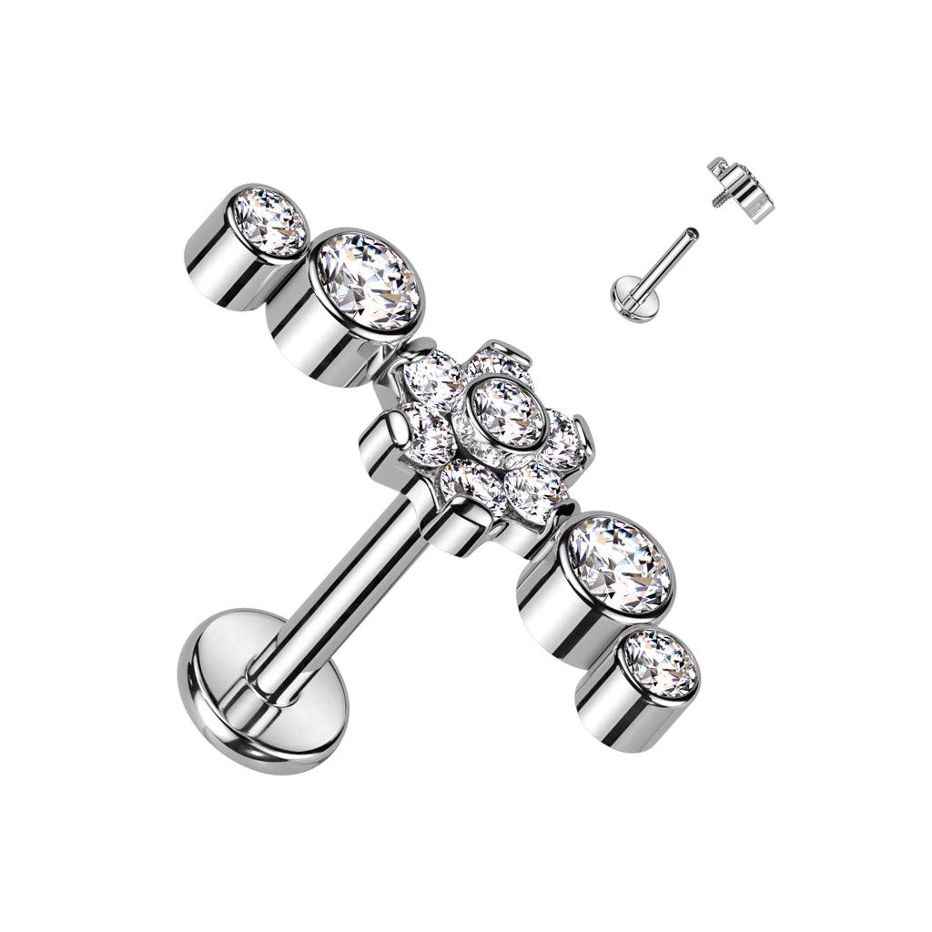 Cartilage jewelry/tragus jewelry, Deluxe Flowers in Clear titanium labret