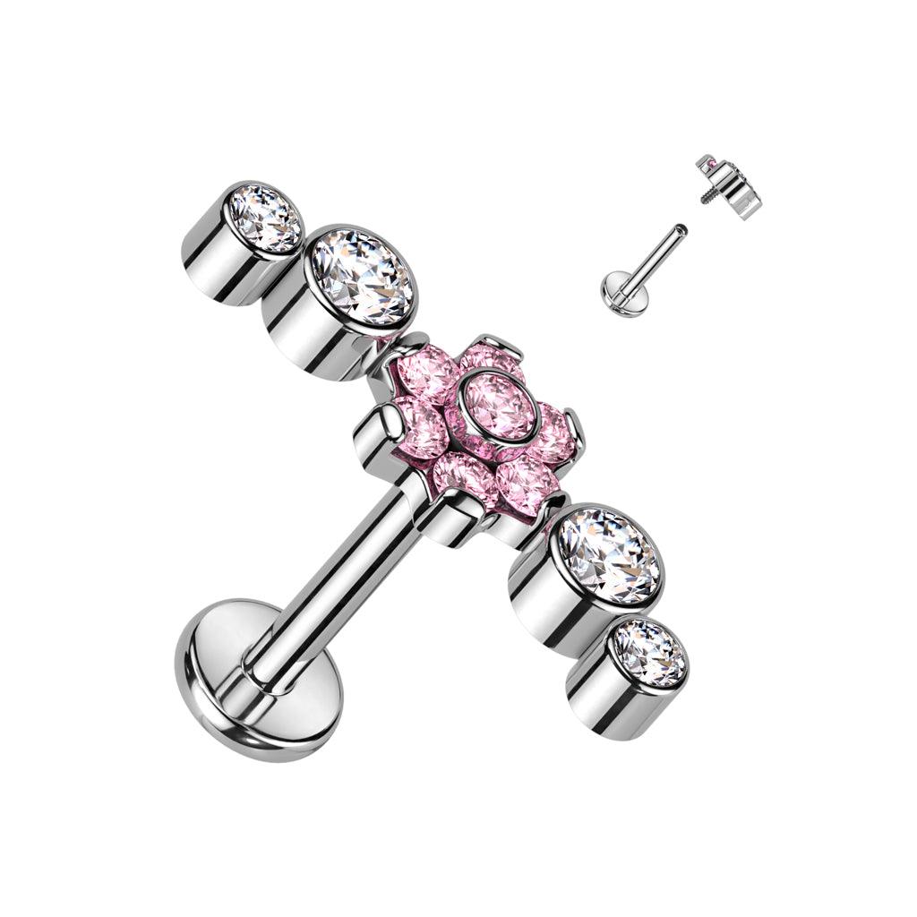 Cartilage jewelry/tragus jewelry, Deluxe Flowers in Pink titanium labret