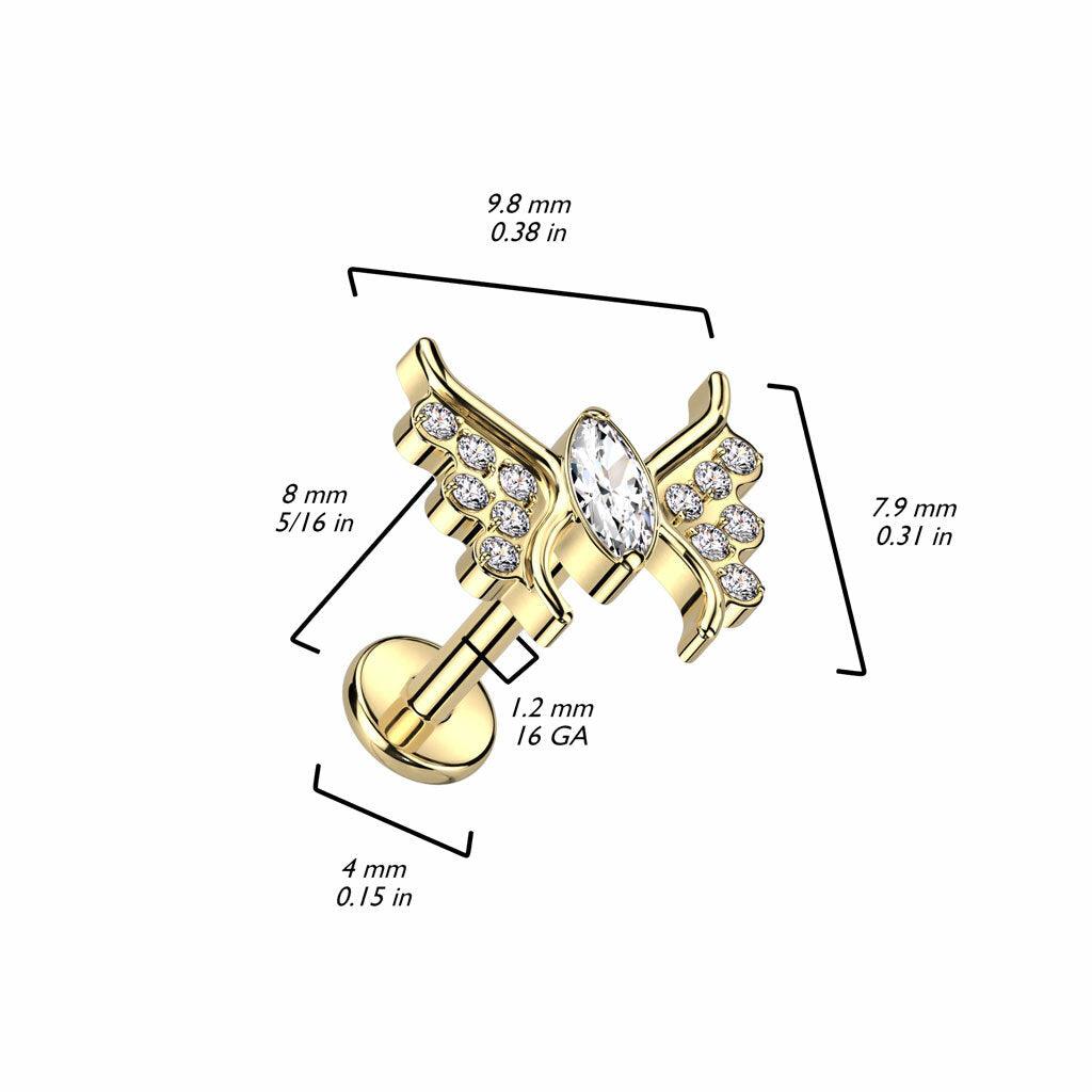 Rustokoru/traguskoru, Crystal Butterfly in Gold -titaaninen labret