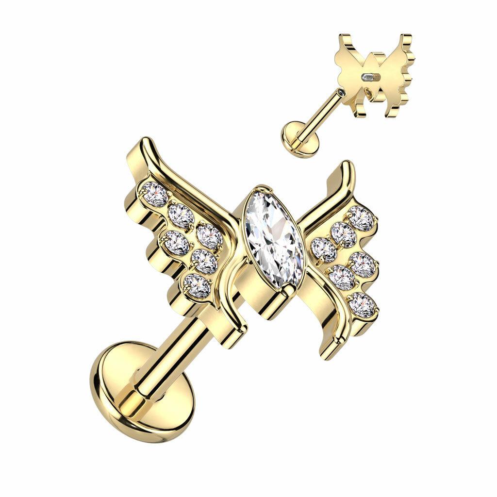 Cartilage jewelry/tragus jewelry, Crystal Butterfly in Gold titanium labret