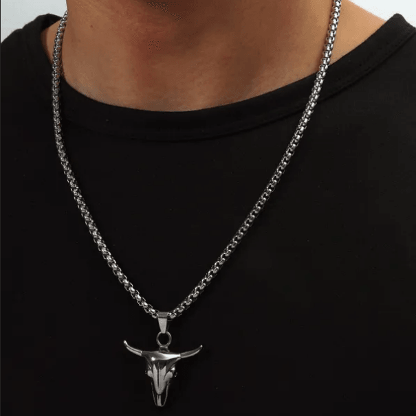 Surgical steel necklace, Cow Skull pendant with chain