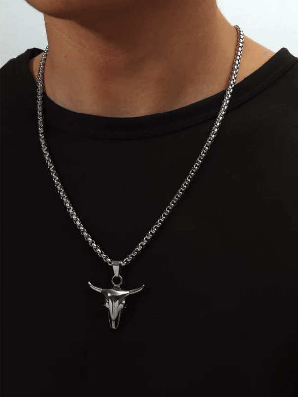 Surgical steel necklace, Cow Skull pendant with chain