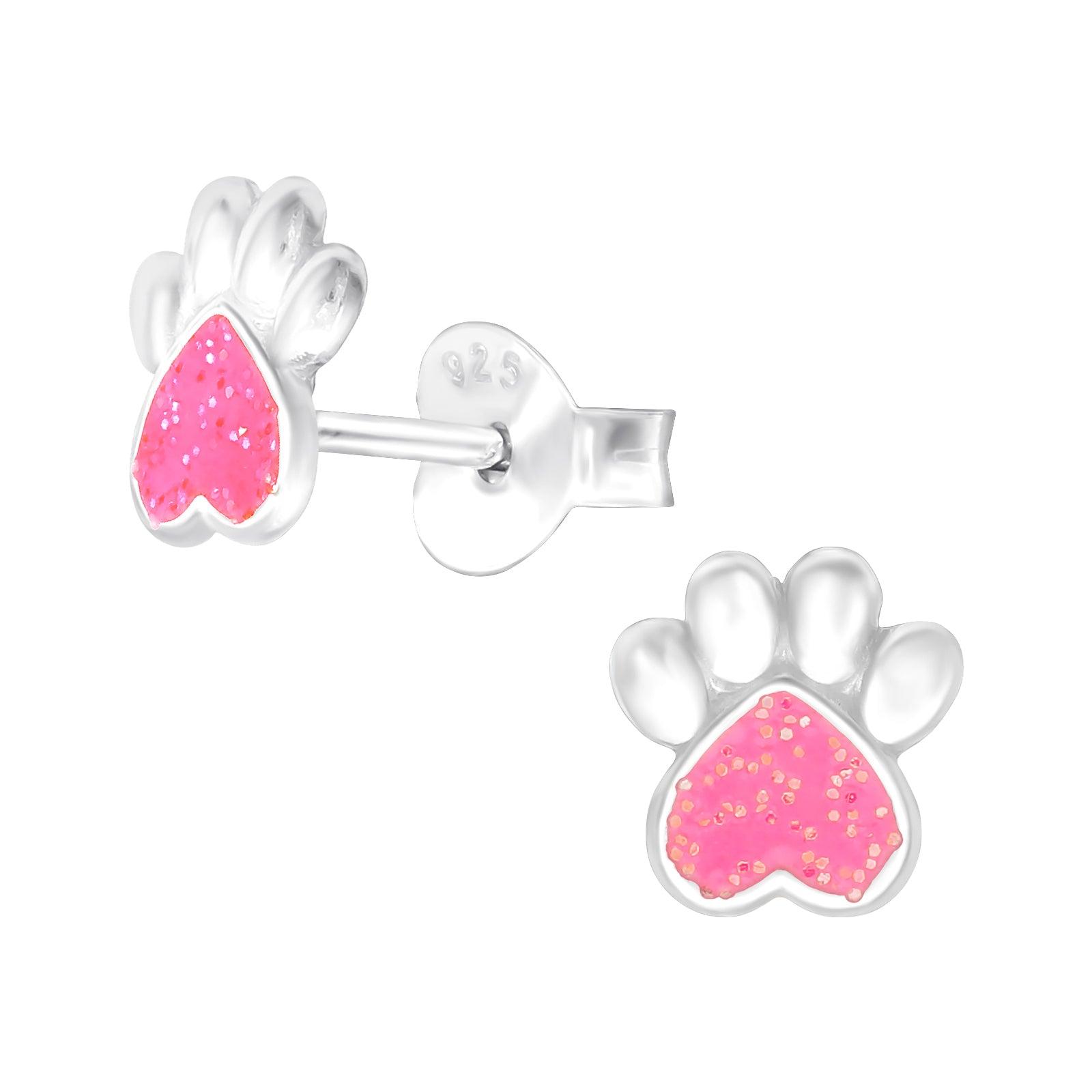 Silver stud earrings, Pink Paw Print stud earrings