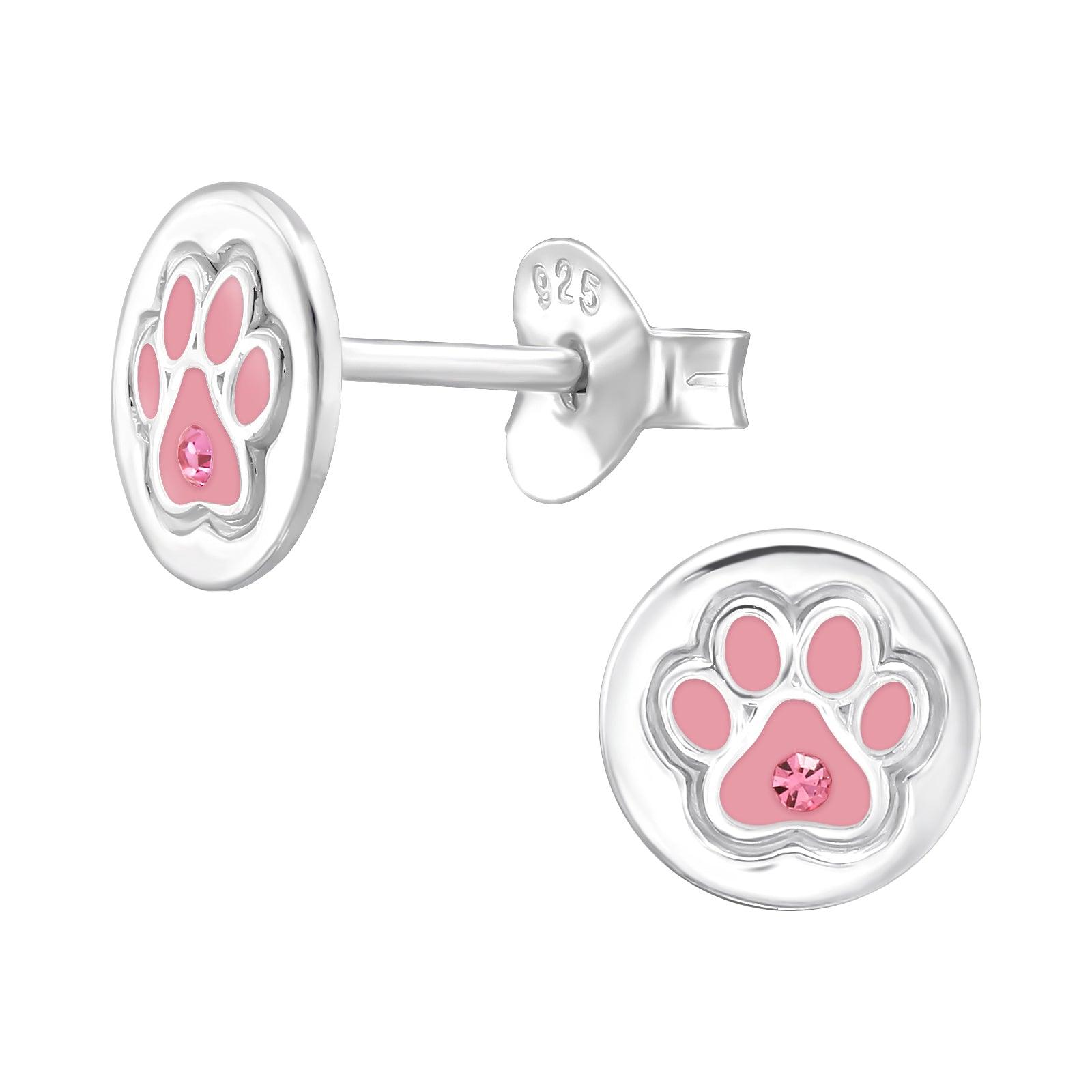 Silver stud earrings, Pink Round Paw Print stud earrings