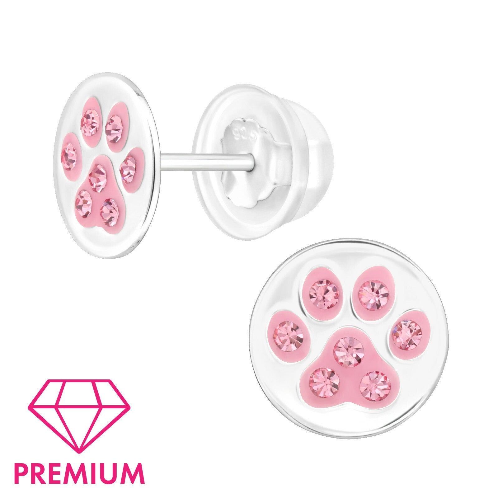 Hopeiset premium korvanapit, Pink Paw Print -tassunjälki korvanapit