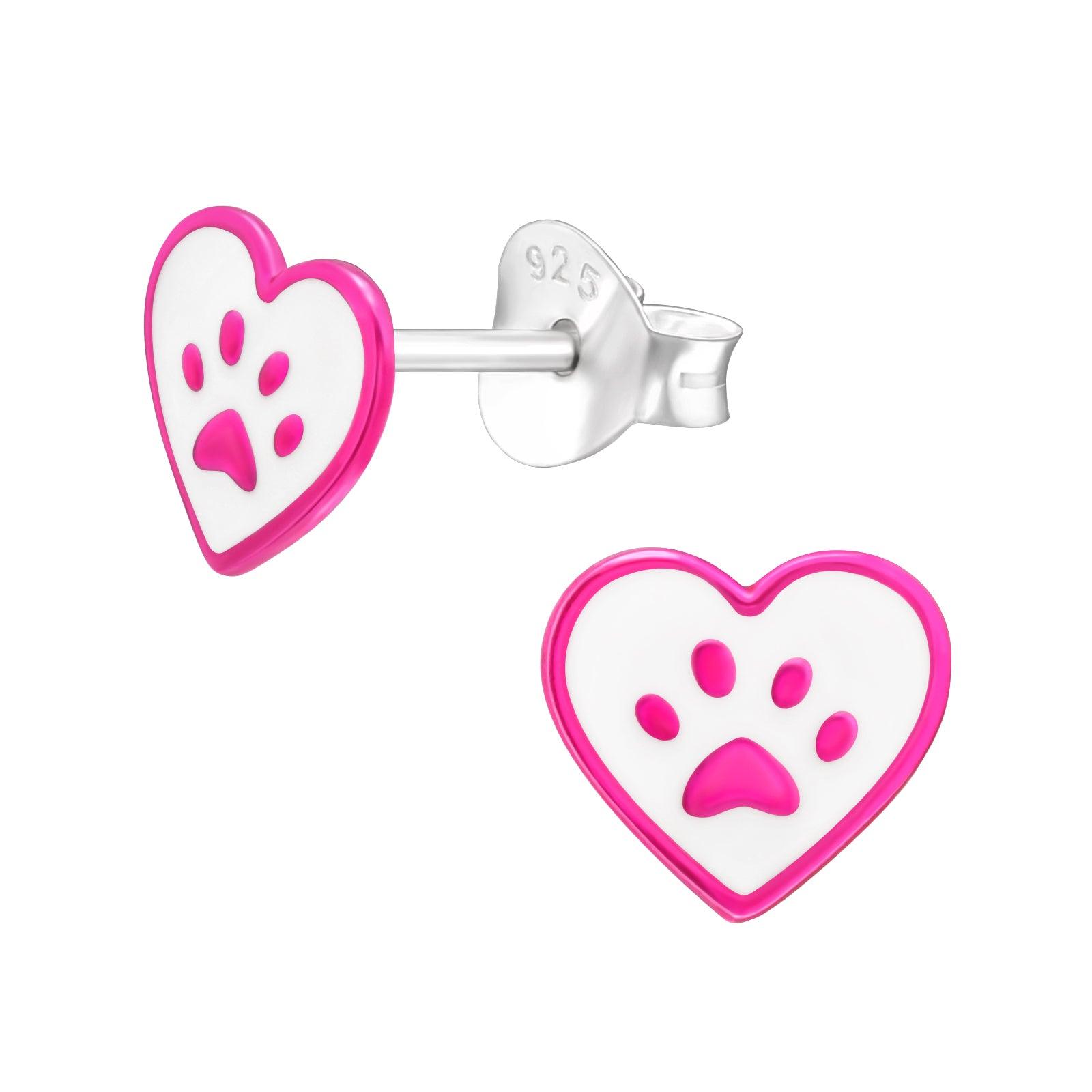 Silver stud earrings, Fuchsia Paw Print Heart stud earrings