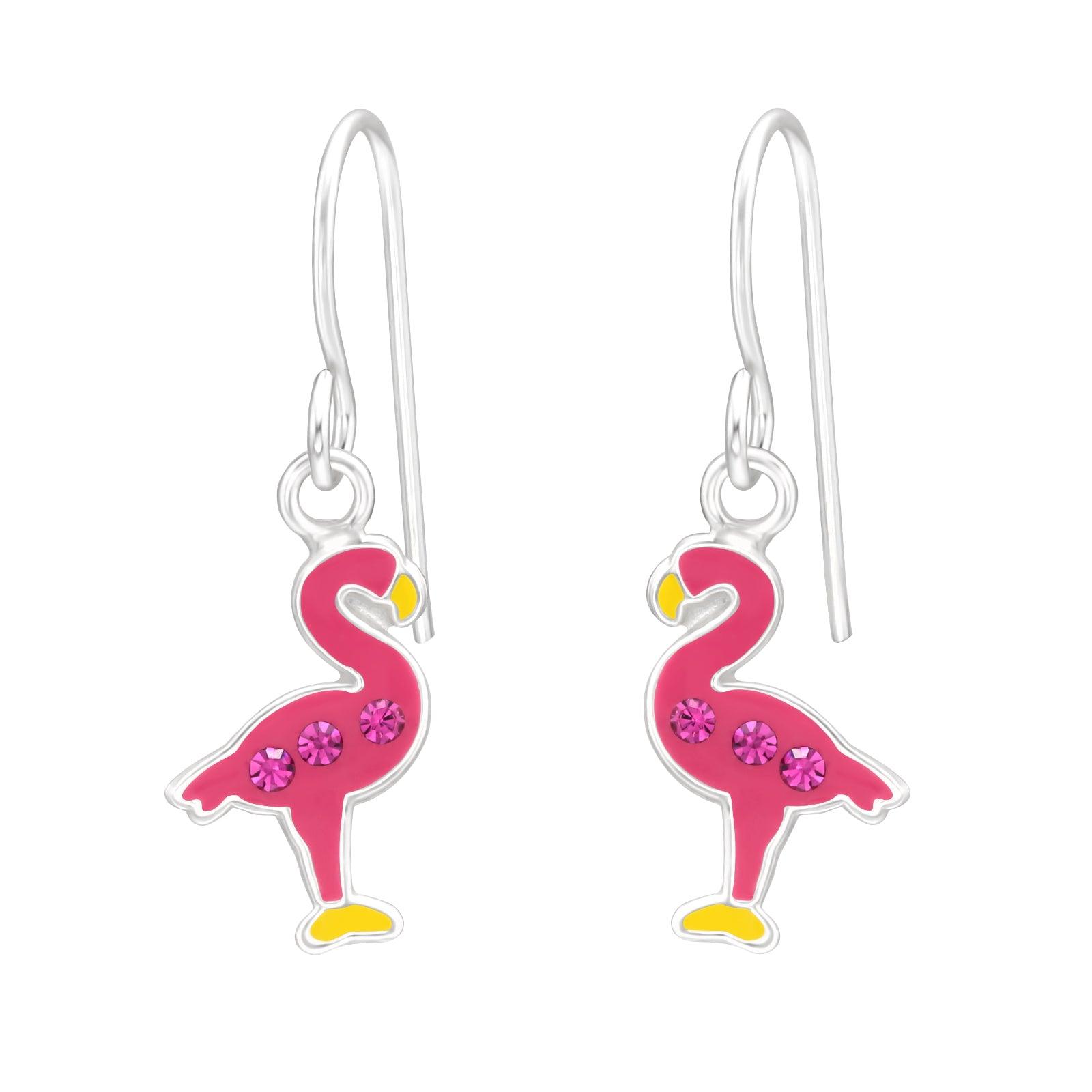 Children's silver earrings, Flamingo pink earrings