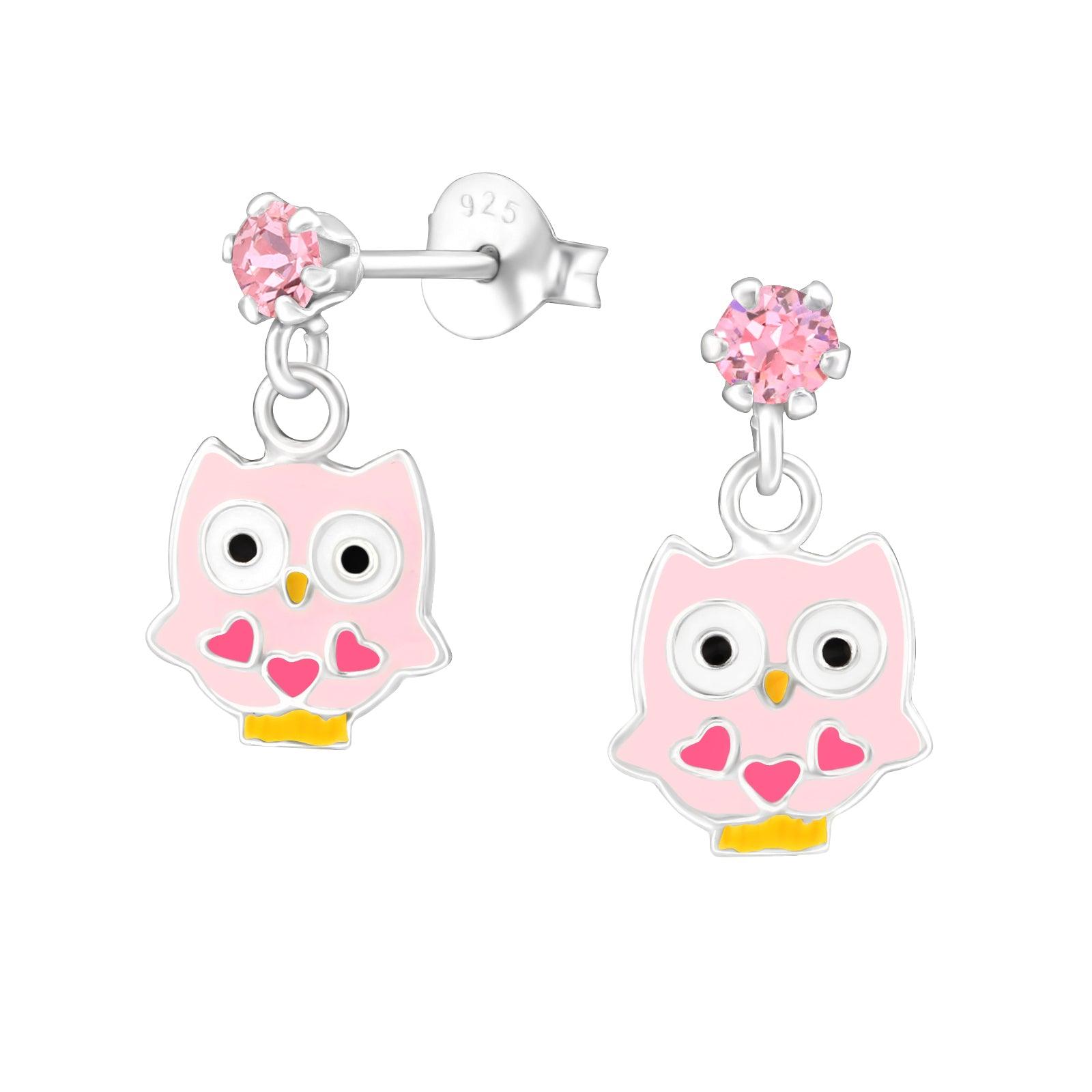 Children's silver earrings, Owl -pink owl earrings