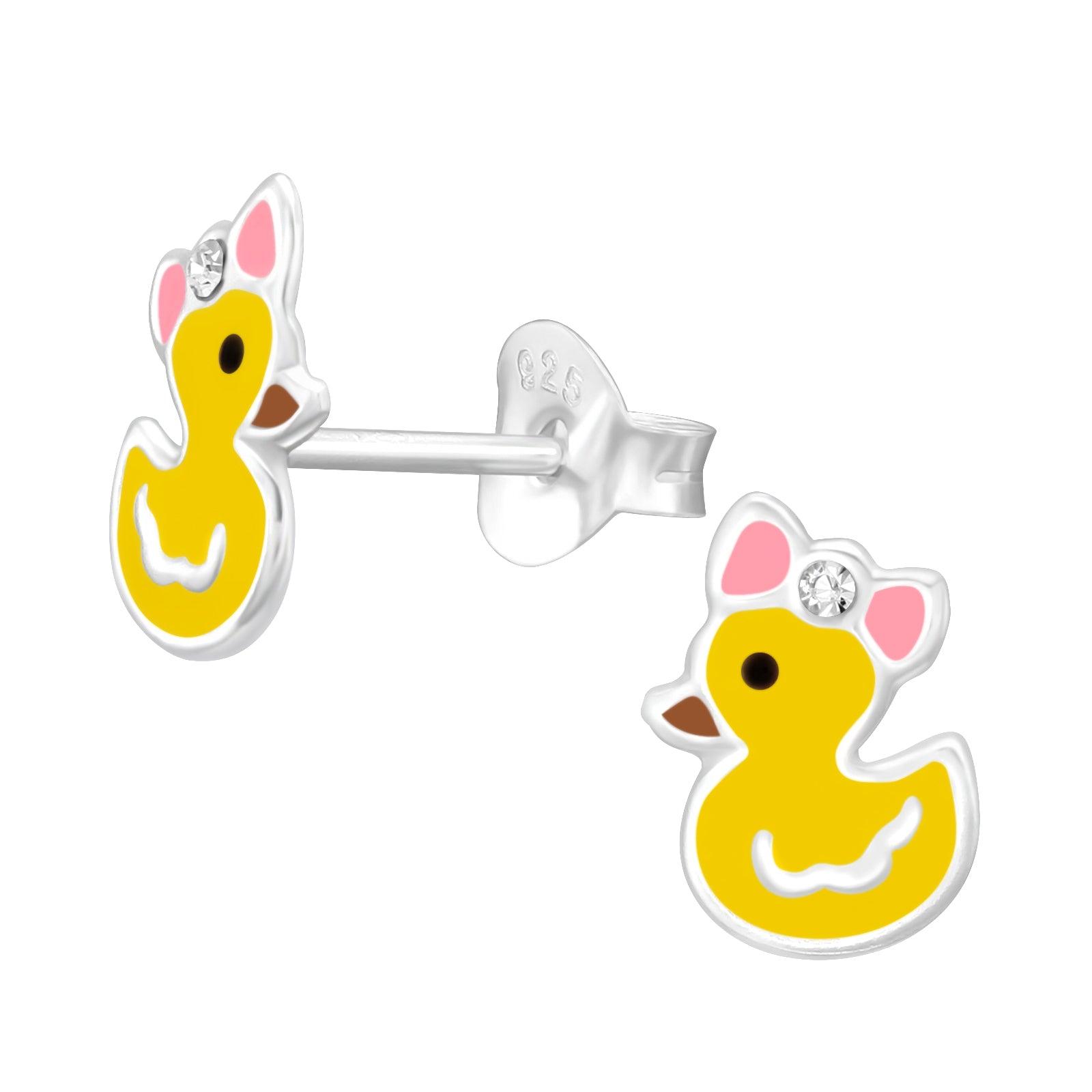 Children's silver studs, Duck yellow duck earrings