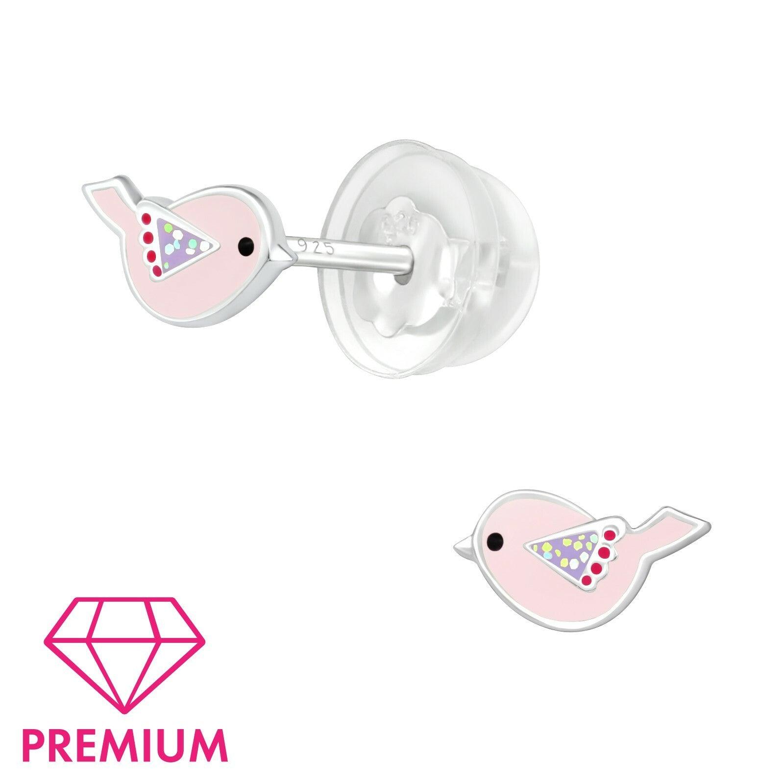 Children's premium silver studs, Birdy pink bird earrings